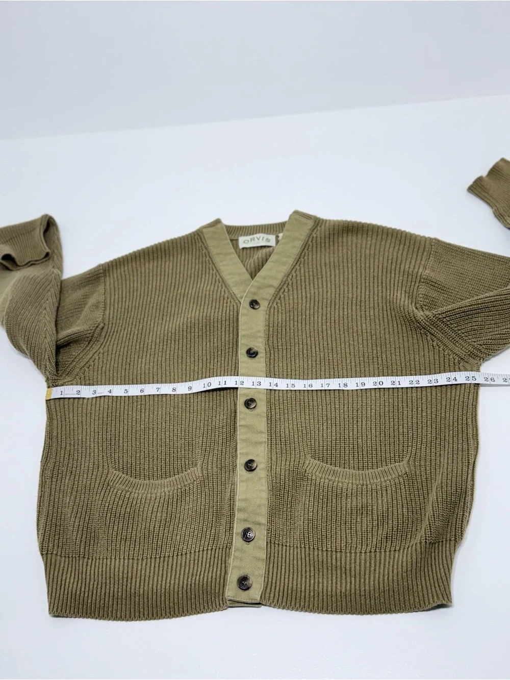 Orvis Men L Olive 100% Cotton V-Neck Rib Knit Cardigan Elbow Patch Button Front